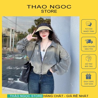  Áo khoác jean nữ rách croptop tay cánh dơi bo chun dây khóa kéo!  có sẵn hình thật  THẢO NGỌC STORE 