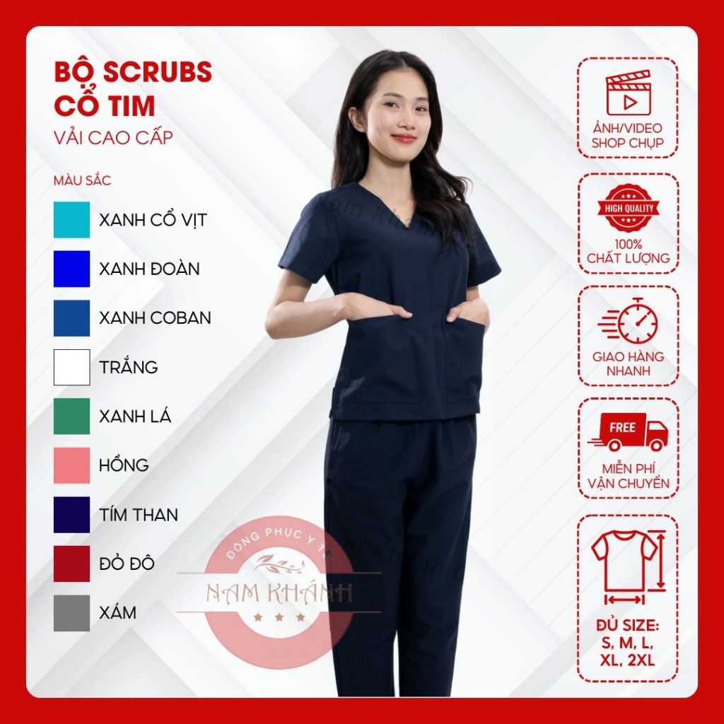 Bộ scrubs bác sĩ cổ tim - bộ blue đồng phục kỹ thuật viên, điều dưỡng, hộ lý, spa Chất Vải lon
