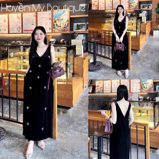 Váy Nhung Cổ V Maxi Dáng Dài Đính Đá Hoa Mặc Đi Tiệc Đi Chơi Sang Chảnh