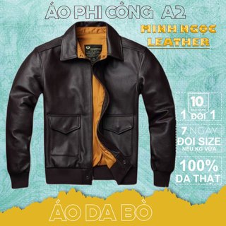 Áo khoác da bò thật Áo bomber bilot phi công A2 da lưng nguyên tấm bo tay bằng vải màu nâu đỏ cổ bẻ Áo Khoác Phi Công