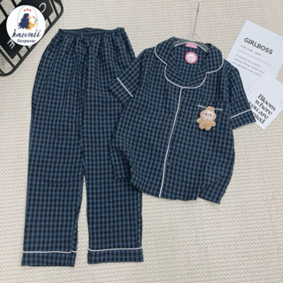 BỘ PIJAMA DÀI LABUBU KẺ CARO SIZE 40-58KG, ĐỒ MẶC NGỦ ÁO CỘC QUẦN DÀI, BỘ MẶC NHÀ TRẺ TRUNG
