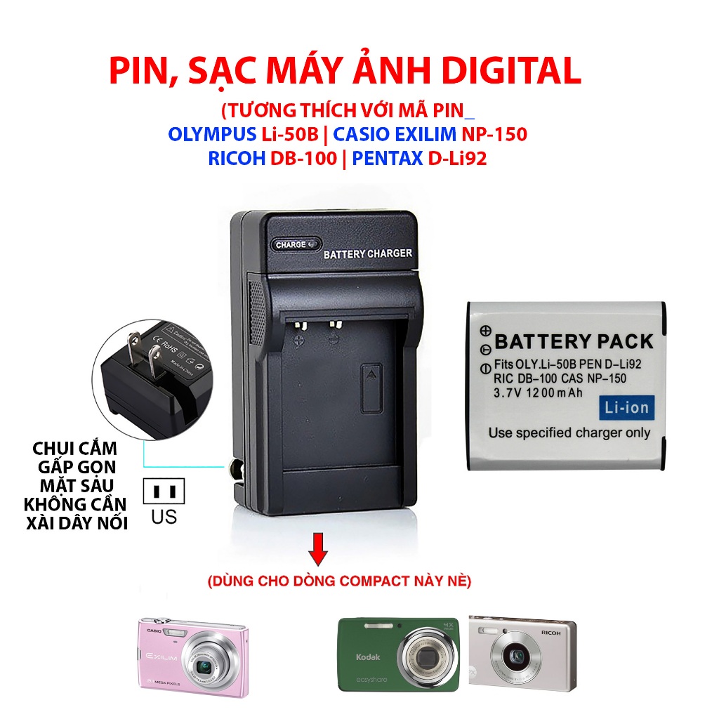 Pin, sạc máy ảnh Digital Olympus Li-50B, Casio NP-150, Pentax D-Li92, Ricoh DB-100