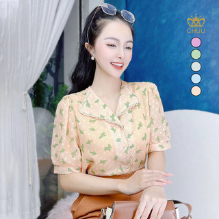 Áo tơ sen nữ tay phồng kiểu cổ lật xinh xắn CHUU A9331