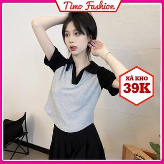 Áo thun nữ cổ polo TIMO, Áo thun tay ngắn nữ phối màu đẹp, có cài cúc, áo vạt bầu tôn dáng, phong cách Hàn Quốc AOT82