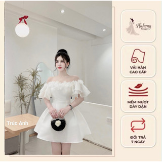 Váy Dự Tiệc, Đầm thiết kế tafta phối tơ trễ vai đính hoa sang chảnh TRẮNG ĐEN HỒNG