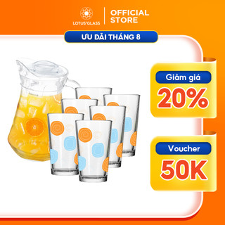 Bộ bình nước và 6 cốc thủy tinh lotus glass vtc502 trong suốt cao cấp, an toàn