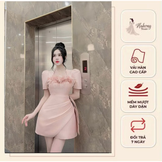 Váy dự tiệc cưới, Đầm Nữ Thiết KếTafta cổ vuông đính hoa lông vũ, chân váy vạt chéo xếp ly