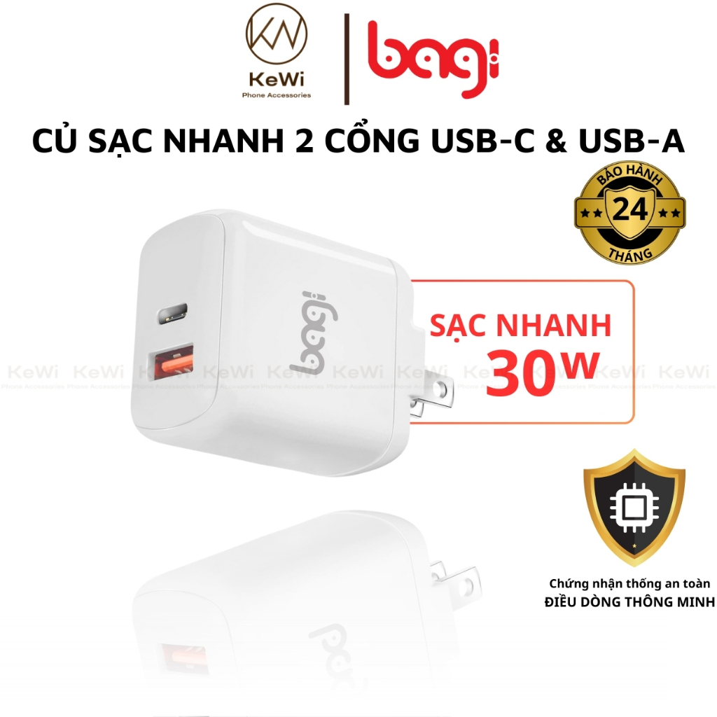 Bộ Sạc Nhanh 30W BAGI - Củ Sạc Nhanh 30W & Cáp Sạc 1.2m C to L hoặc C to C Dành Cho iPhone, iPad, Sa