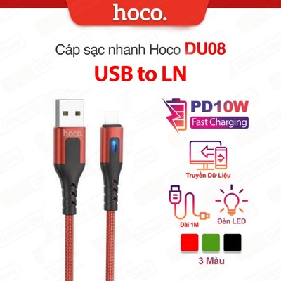 Cáp Hoco DU08/DU08 Plus USB to IP dùng cho ip6/7/8/X/11/12/13/14 dây bọc dù chống đứt ,có đèn LED, dài 1m/2m
