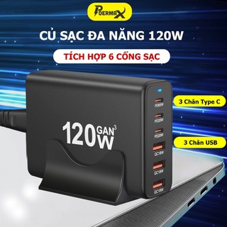 Củ sạc siêu nhanh đa năng 120w gồm 3 cổng cắm type-C và 3 cổng cắm usb