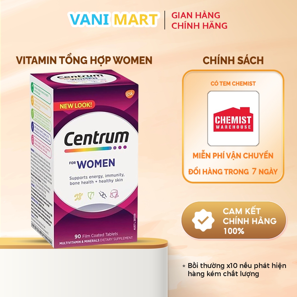 [ CHÍNH HÃNG ] Viên uống bổ sung vitamin tổng hợp Cho Phụ Nữ Centrum For Women của Úc 90 viên