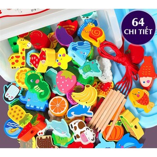 Đồ chơi xâu hạt gỗ 64/75 chi tiết có hộp đựng cho bé phát triển kỹ năng cơ bản