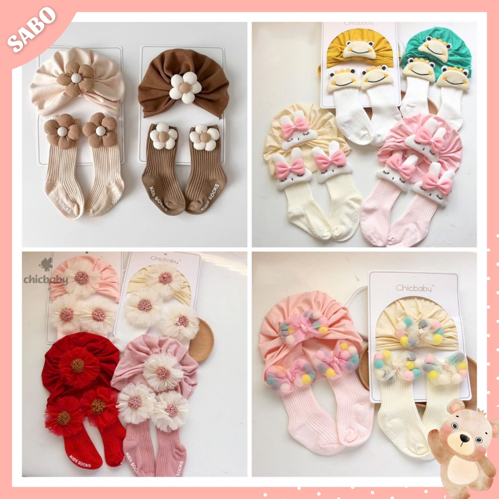  Set Mũ Turban Kèm Tất Vớ CHICBABY Nhiều Mẫu Xinh Xắn Đáng Yêu Cho Bé Sơ Sinh 0-12 Tháng 