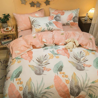 Bộ Chăn Ga Gối Cotton Poly 4 Món - Hoa Lá hồng