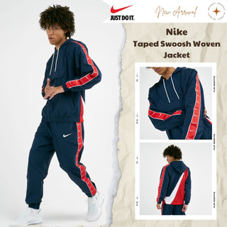 Áo khoác nam nữ NK Sportswear Taped Swoosh Woven Jacket ; Áo khoác chất dù chống nắng, chống thấm - Xanh navy x Đỏ
