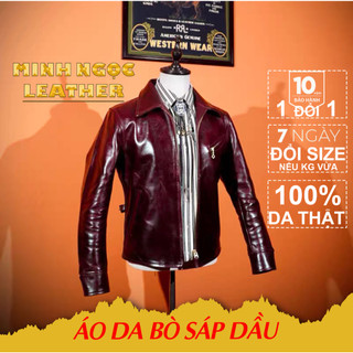 Áo khoác da thật cổ bẻ màu rượu vang, Áo Da Bò Sáp Dầu cao cấp dành cho nam, Minh Ngọc Leather Jacket