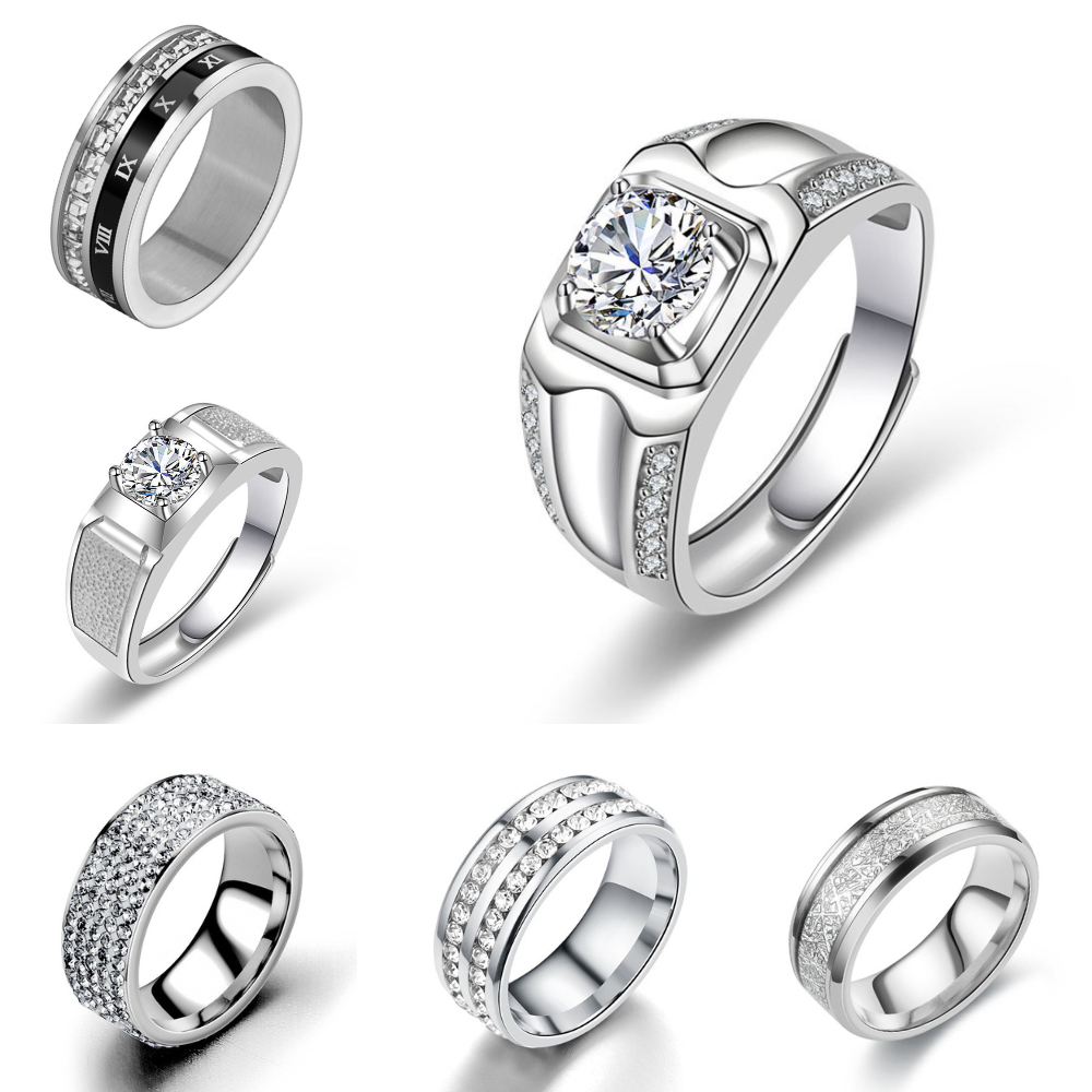 Nhẫn Nam Titan Mạ Bạc 925 – Nhẫn Đính Đá Nhân Tạo Kim Cương Pha Lê Phong Cách Thời Trang Sang Trọng