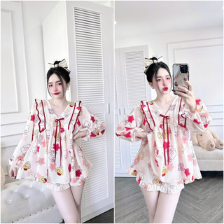  Set babydoll đũi xốp  kèm quần  áo babydoll hoạt hình dài tay tiểu thư bộ đũi xốp mềm mịn cute dễ thương. 