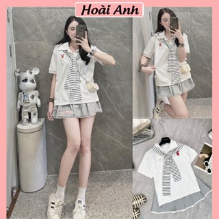 Set Bộ Đồ Nữ 3 Món Thêu Thỏ Đỏ Áo Polo Trắng Cổ Đức Kèm Khăn Choàng Kẻ Đen Trắng Mix Chân Váy Xếp Ly Viền Ren Freesize