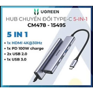 Hub chuyển đổi USB Type C 5 IN 1 Ugreen 15495 CM136 ( USB C to HD 4K@30Hz - USB 3.0 5Gbps, PD100W)