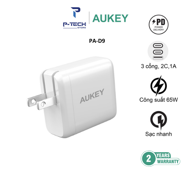 Combo sạc Aukey PA-D9 và cáp sạc CB-KCC102 sạc nhanh 65W nhỏ gọn dành cho Laptop và Macbook