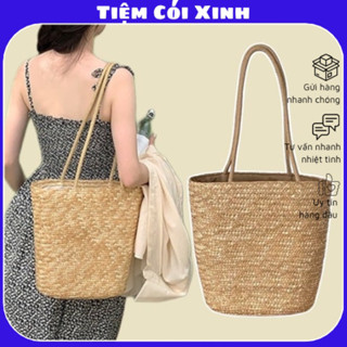 Túi cói bucket đeo vai cỡ lớn trendy dáng dài có khoá kéo Tiệm Cói Xinh