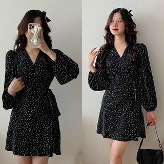 Váy Chấm Bi Cổ V Thắt Eo Tay Dài Dáng Ngắn Xoè Bèo Phong Cách Tiểu Thư Hàn Quốc Freesize