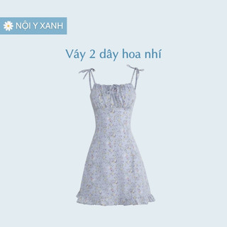 Váy 2 dây buộc nơ, cạp chun ôm eo, thiết kế siêu xinh màu xanh trắng, NOIYXANH, tôn dáng, tôn eo.