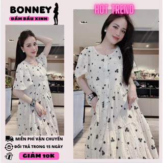 Váy bầu hoa nhí, đầm bầu thời trang dáng babydoll dài cúc mở, chất liệu đũi cao cấp mềm mại thoáng mát