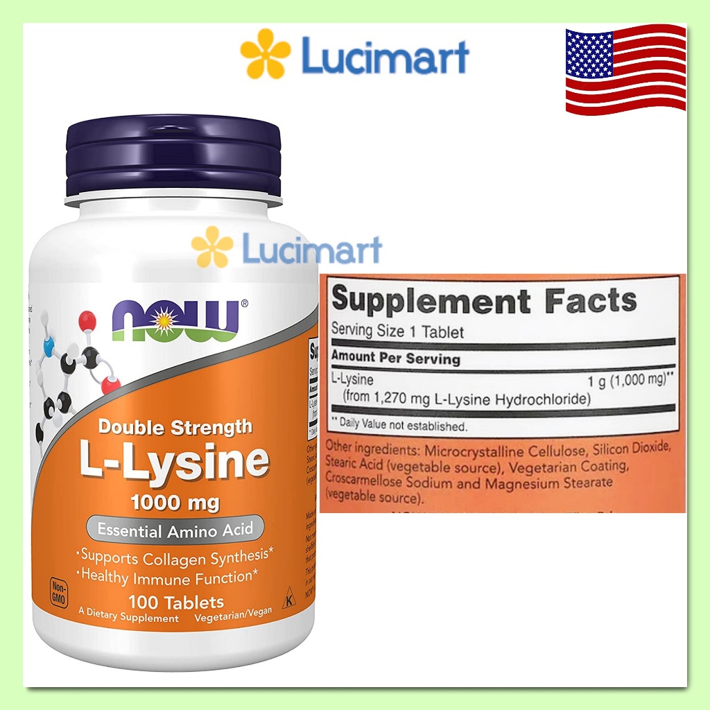 Viên uống L-Lysine Double Strength 1000mg, 500mg của Now Foods, hộp 100 viên [Hàng Mỹ]