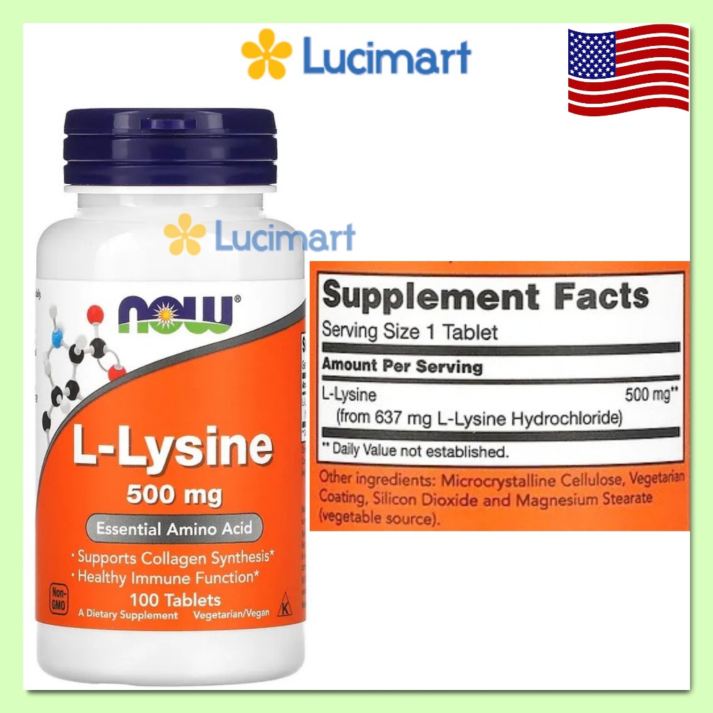 Viên uống L-Lysine Double Strength 1000mg, 500mg của Now Foods, hộp 100 viên [Hàng Mỹ]