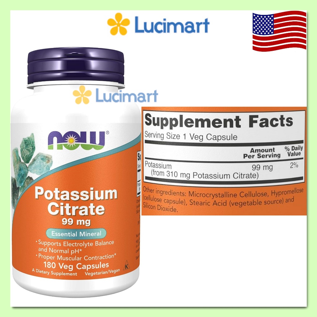 Viên uống bổ sung Kali Potassium Citrate/ Gluconate 99mg Now thuần chay hũ 100/ 180 viên [Hàng Mỹ]