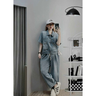 Set bộ áo sơ mi jean phối 4 túi kèm quần ống suông viens store