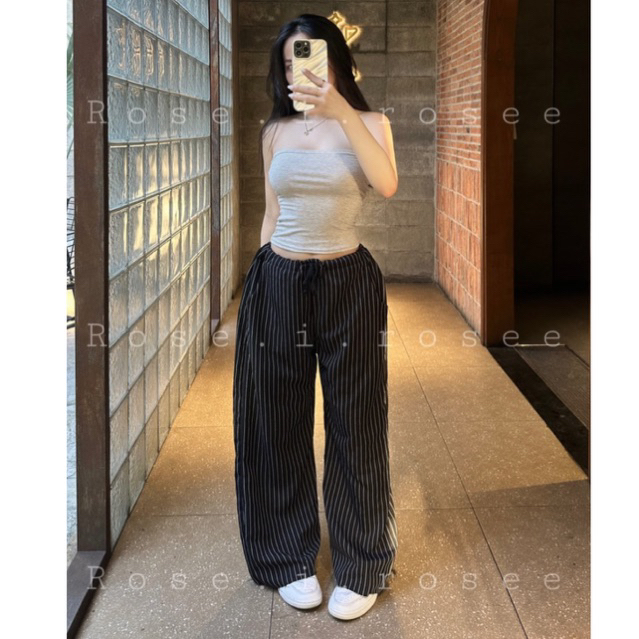 Quần cotton ống rộng dây rút