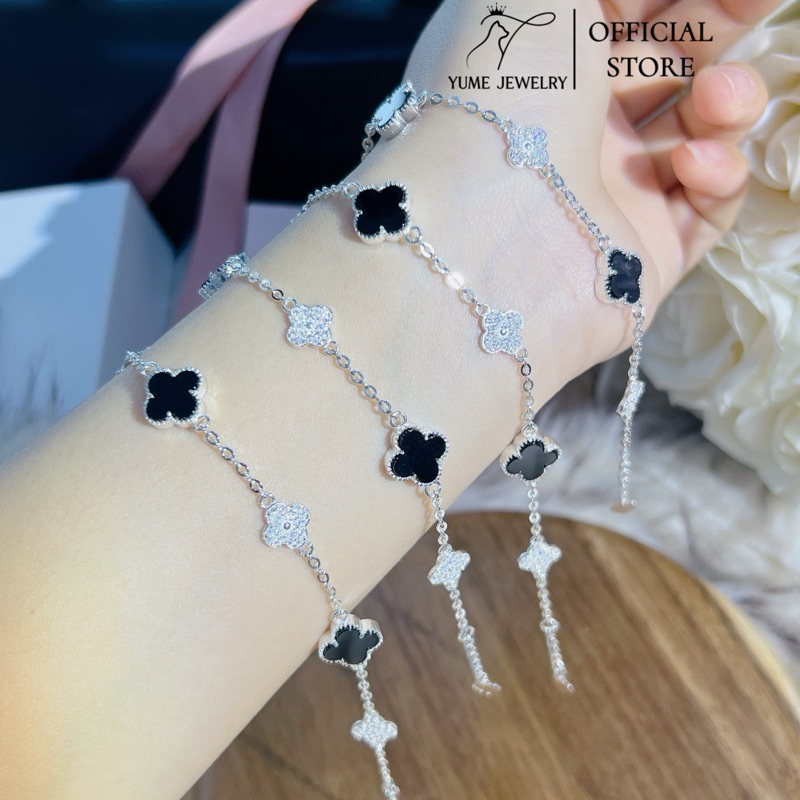 Lắc tay bạc cỏ bốn lá đen , vòng tay bạc cỏ 4 lá YUME JEWELRY