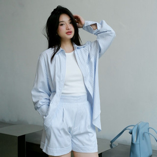 Set sơ mi quần short kẻ nữ tay dài form rộng chất liệu thô cotton (100% sợi cotton) COTTON SHIRTS by Meely