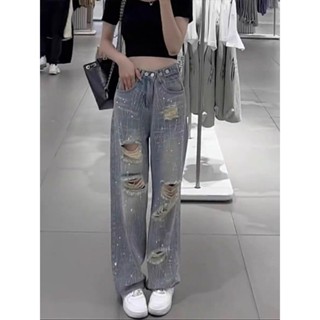 Quần jeans dài cạp cao ống rộng đính đá lấp lánh bling bling đường phố Quần denim rách lưng cao bling (CH1)