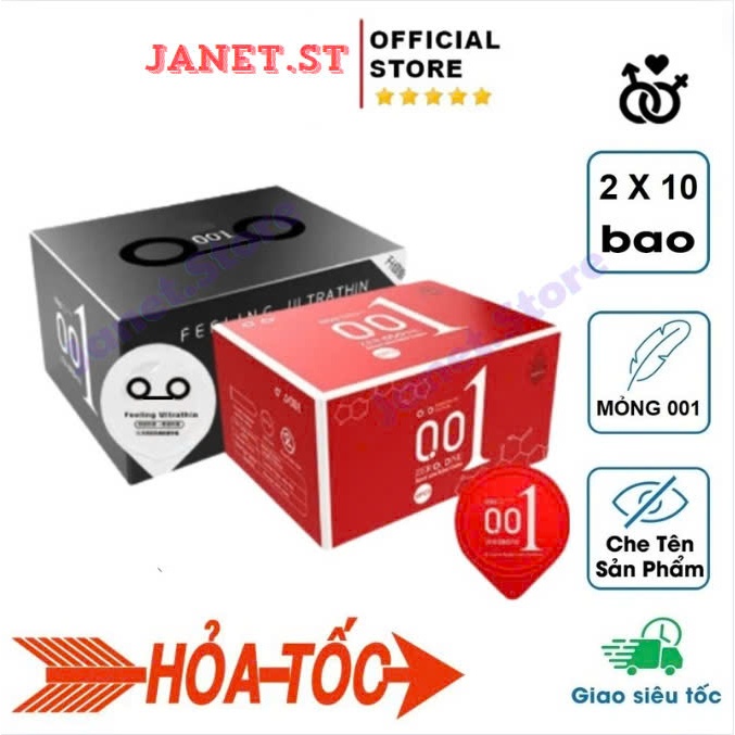 Bao cao su 001, Combo 2 hộp 20c, bcs siêu mỏng, gân gai, kéo dài thời gian, nhiều gel  - Hộp 10c