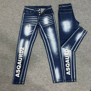 Quần jean nam D.SQ xanh 4 cúc wash 2 đáy in họa tiết chữ vẩy sơn phong cách thời trang cao cấp