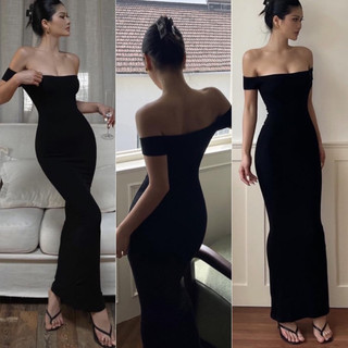  Đầm thun ôm body dáng dài trễ vai phong cách basic Đầm body Nữ dáng dài Maxi tay ôm body mặc được 2 kiểu-Lee.cothing 