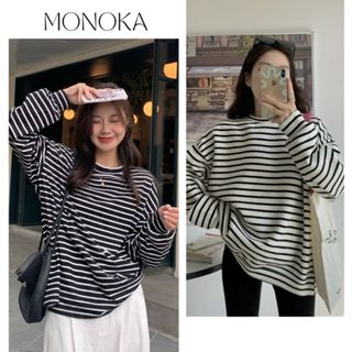 Áo thun nam nữ kẻ ngang dài tay form rộng Áo phông cổ tròn unisex bigsize tay bo kẻ đen trắng trẻ trung T48G MONOKA SHOP
