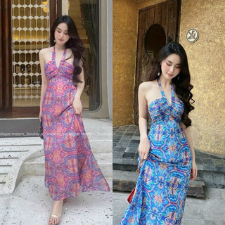 Đầm  maxi cột dây nơ cổ mocking thân sau có mút ngực và lót chất vải voan hoan 2 màu y mẫu,