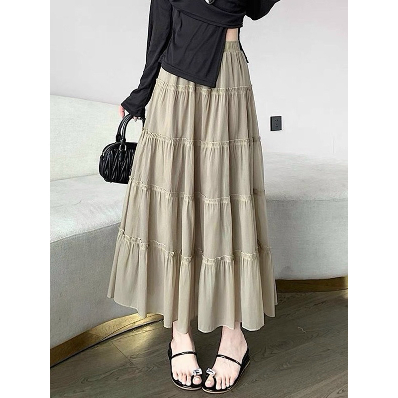 Chân váy dài 2 lớp dáng xòe xếp ly ba tầng phối viền bèo, Chân váy midi xếp ly dài cạp chun form rộn