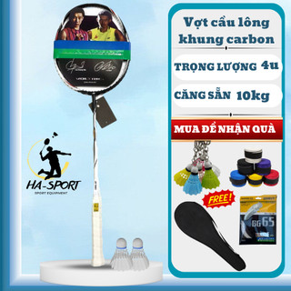 Vợt cầu lông khung carbon  giá rẻ, căng sẵn 10kg bền đẹp - Tặng bao đựng, quấn cán, cước bg65ti