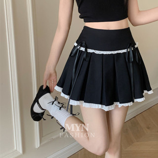 Chân váy ngắn đính nơ nữ xếp ly dáng xòe phối ren cao cấp chân váy cạp cao hai màu phong cách lolita hottrend [MYN26]