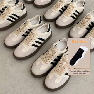 (Tặng tất) Giày vintage sneaker - Giày thể thao dây buộc ba sọc màu kem phong cách Hàn Quốc #D2