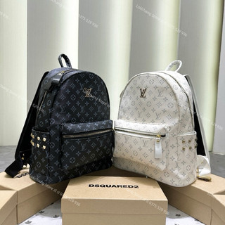 Balo đi học nam nữ Eo Vì da Pu in hoạ tiết vân hoa chữ monogram tag logo vàng size 40 bản quai to siu hot