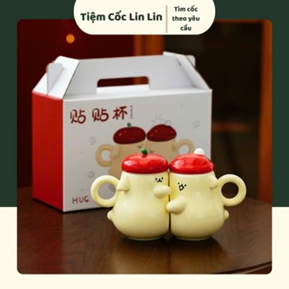 Cốc nước đôi, cặp cốc sứ cao cấp có nắp, quà tặng cốc ngộ nghĩnh, cặp cốc lạ dùng trong gia đình dung tích 360ml