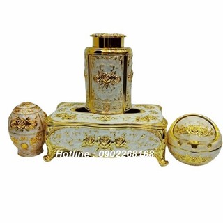 Bộ 4 món Hoàng Gia hộp trà, lọ tăm, khay đựng giấy, chất liệu hợp kim, màu vàng hoa văn tinh tế