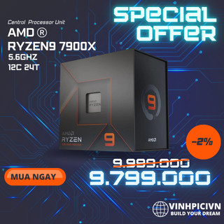 CPU AMD Ryzen 9 7900X ( 4.7GHz Boost 5.6GHz / 12 nhân 24 luồng / 76MB / AM5) [NEW]